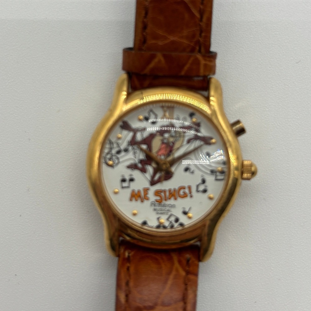 Armitron Me Sing‎ Taz Musical Quartz Watch Unisex Gold Tone Leather